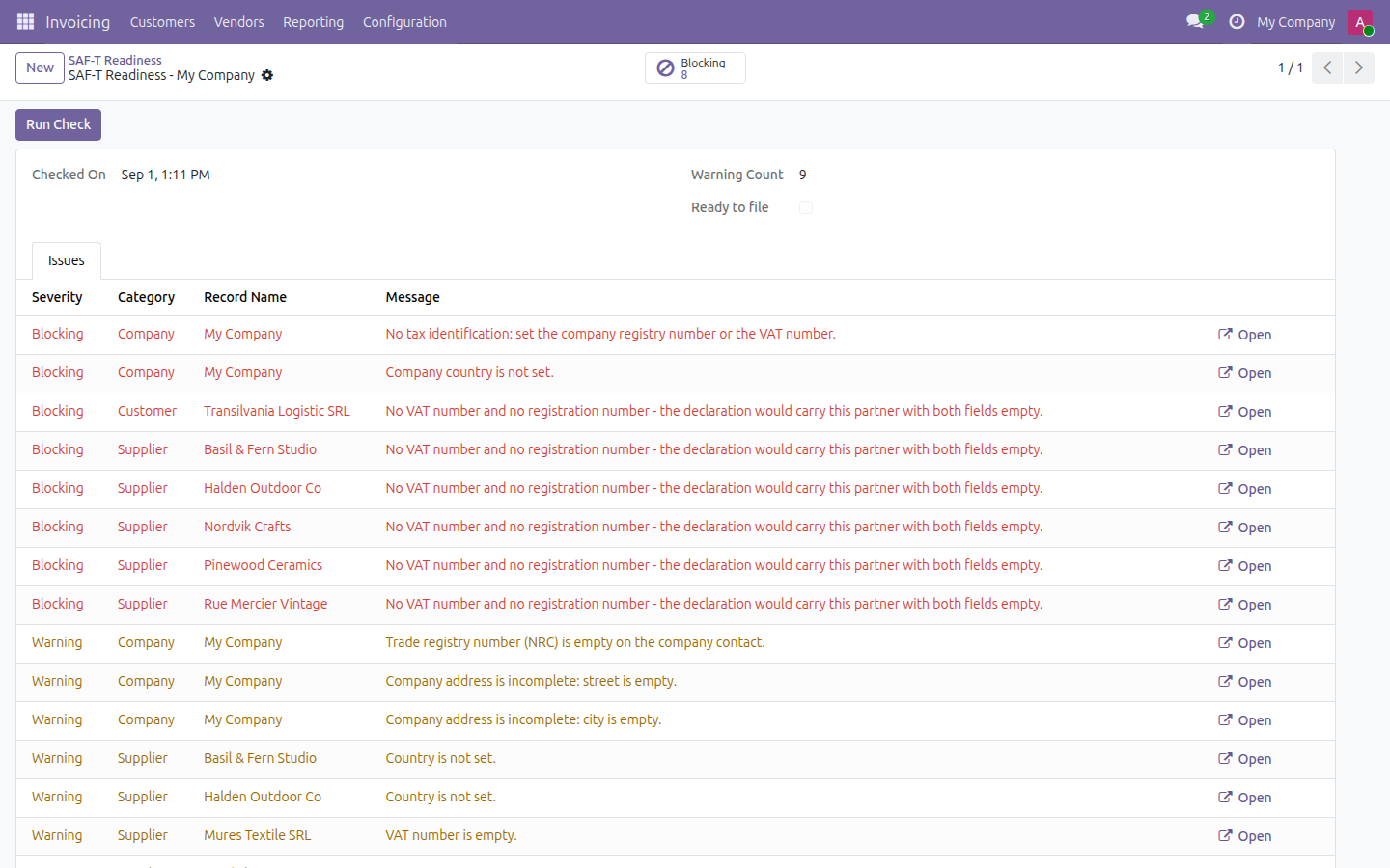 SAF-T Readiness Check in Odoo — screenshot check