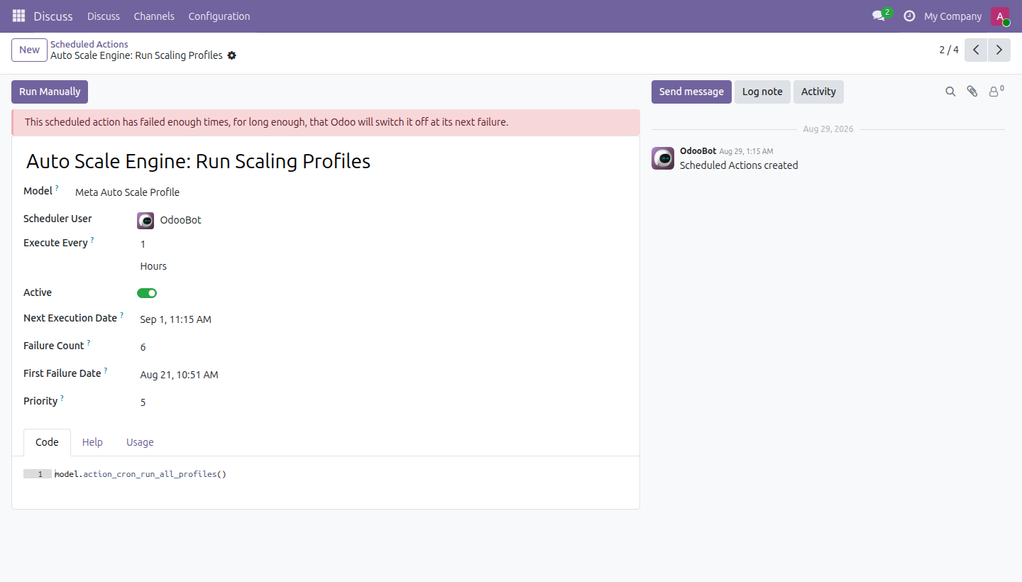 Scheduled Action Health in Odoo — screenshot form