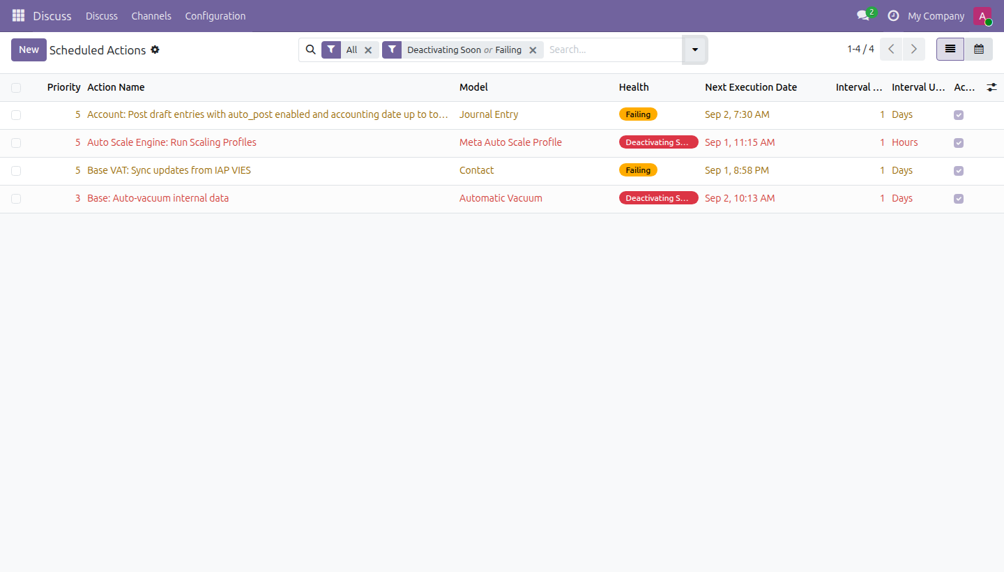 Scheduled Action Health in Odoo — screenshot list