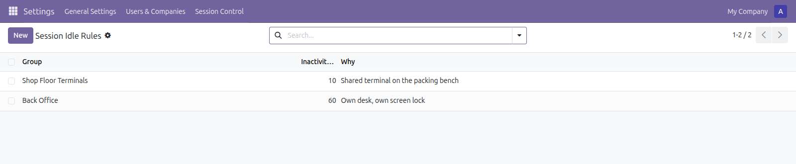 Session Control in Odoo — screenshot rules