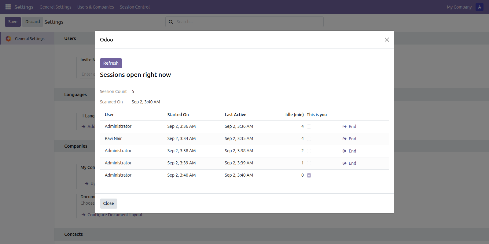 Session Control in Odoo — screenshot sessions