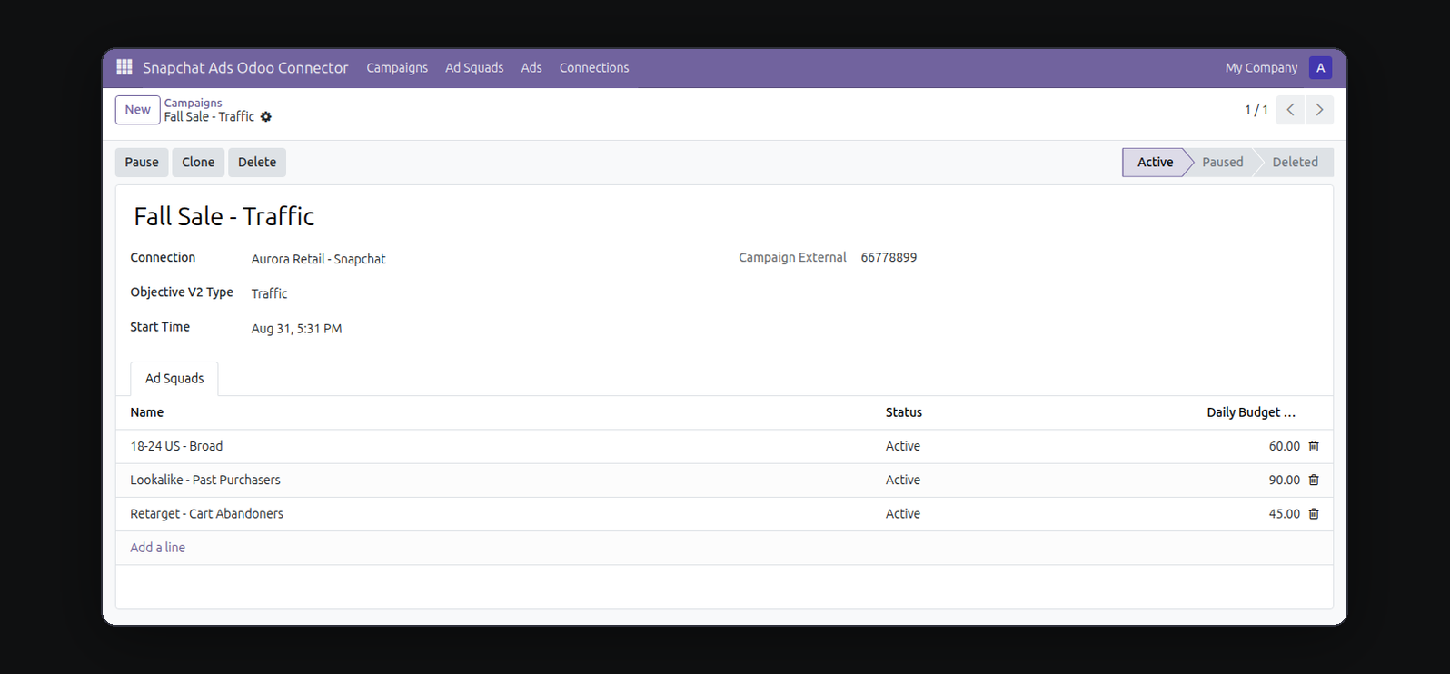 Snapchat Ads Connector in Odoo — screenshot campaign