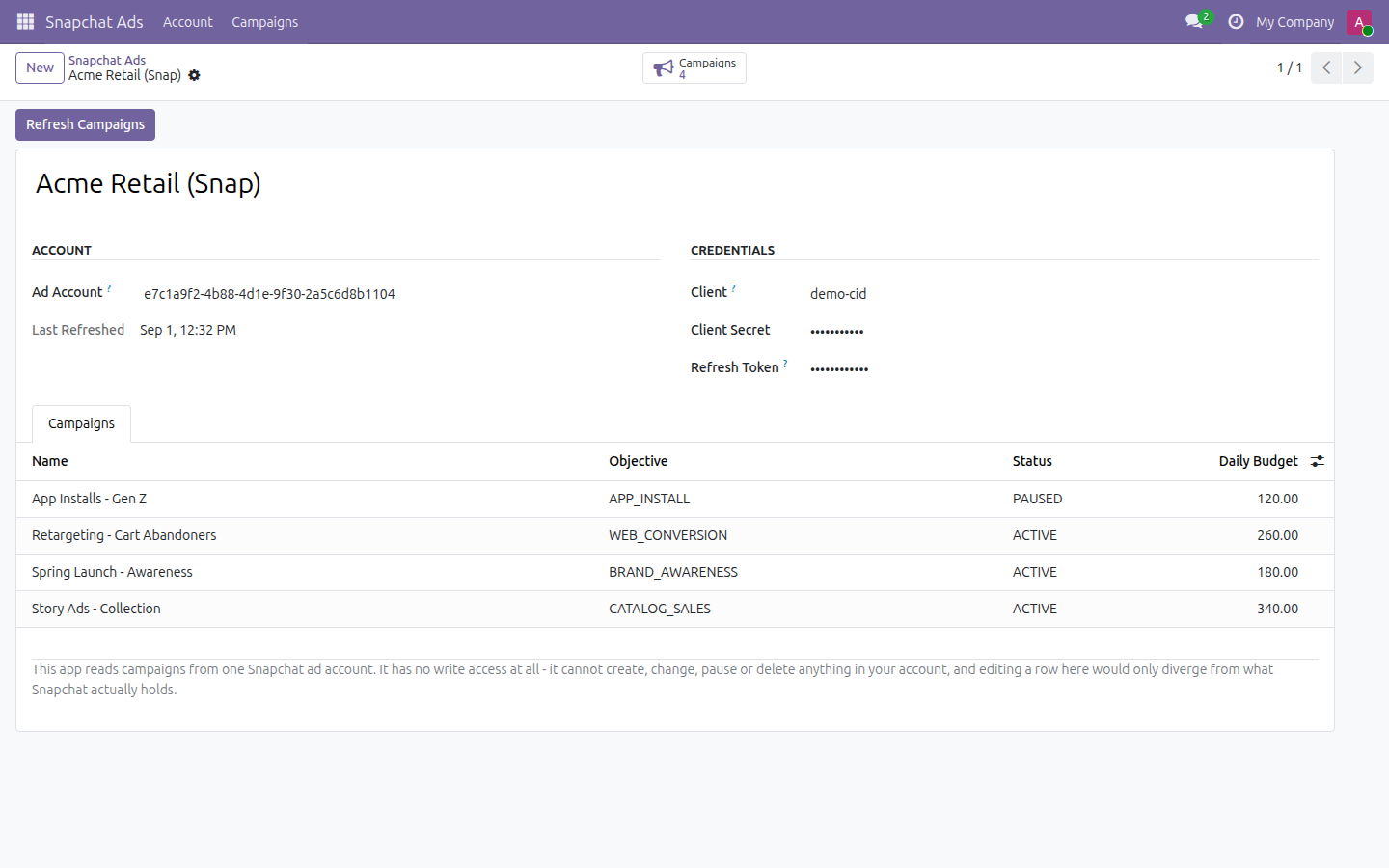 Snapchat Ads Viewer in Odoo — screenshot campaigns