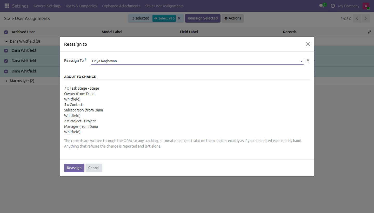 Stale User Assignments in Odoo — screenshot reassign