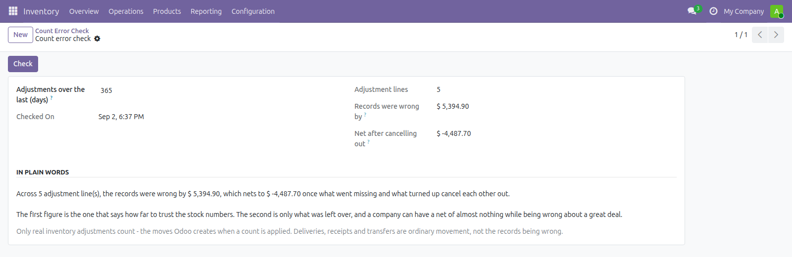 Stock Count Error Check in Odoo — screenshot check