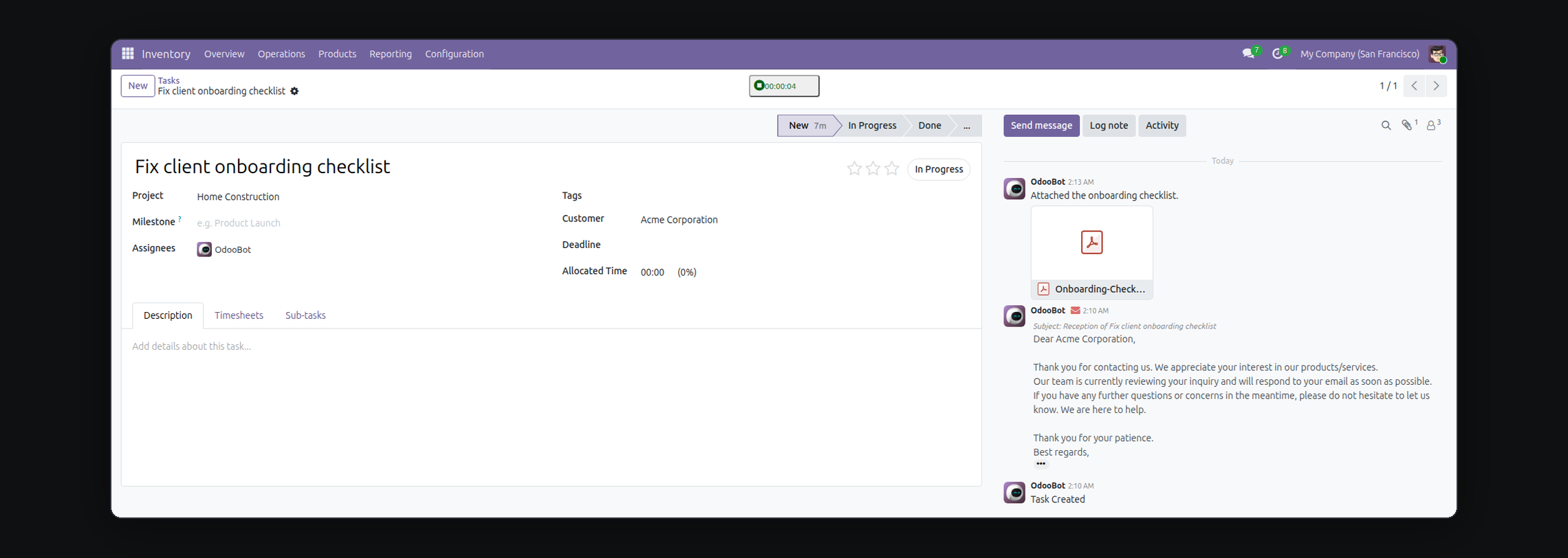 Task Timer in Odoo — screenshot timer