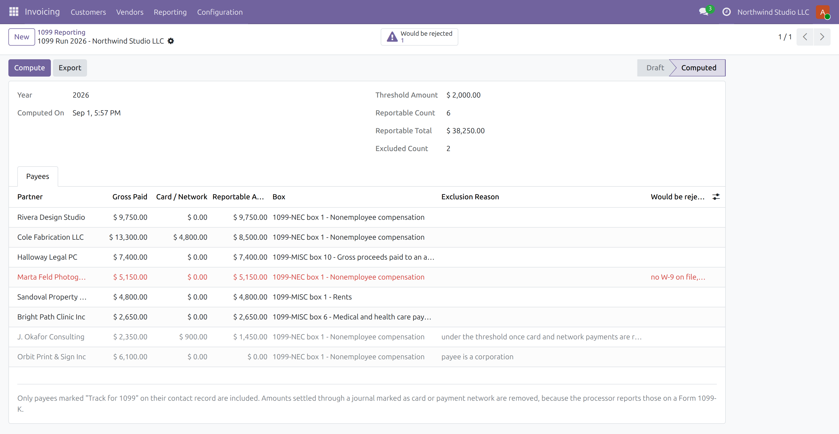 US 1099 Reporting in Odoo — screenshot run