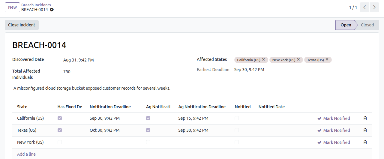 US Breach Deadlines in Odoo — screenshot incident