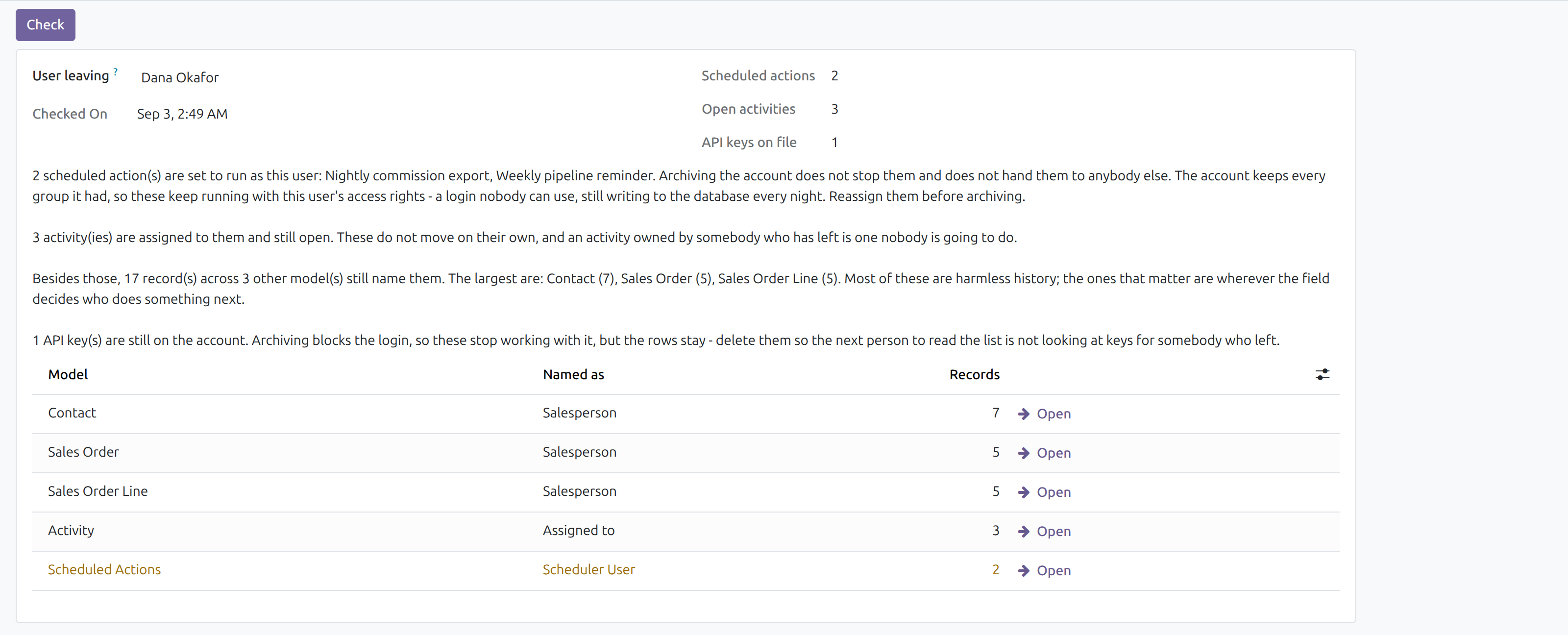 User Offboarding Check in Odoo — screenshot check