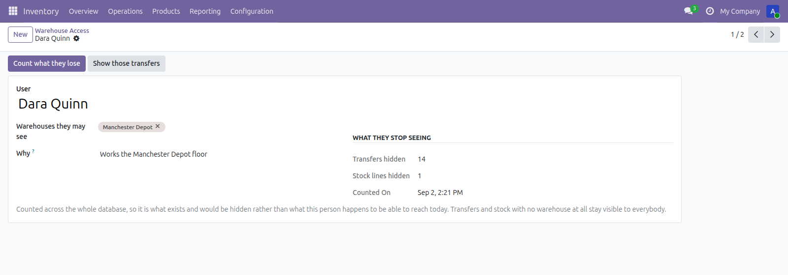 Warehouse Access Rules in Odoo — screenshot count